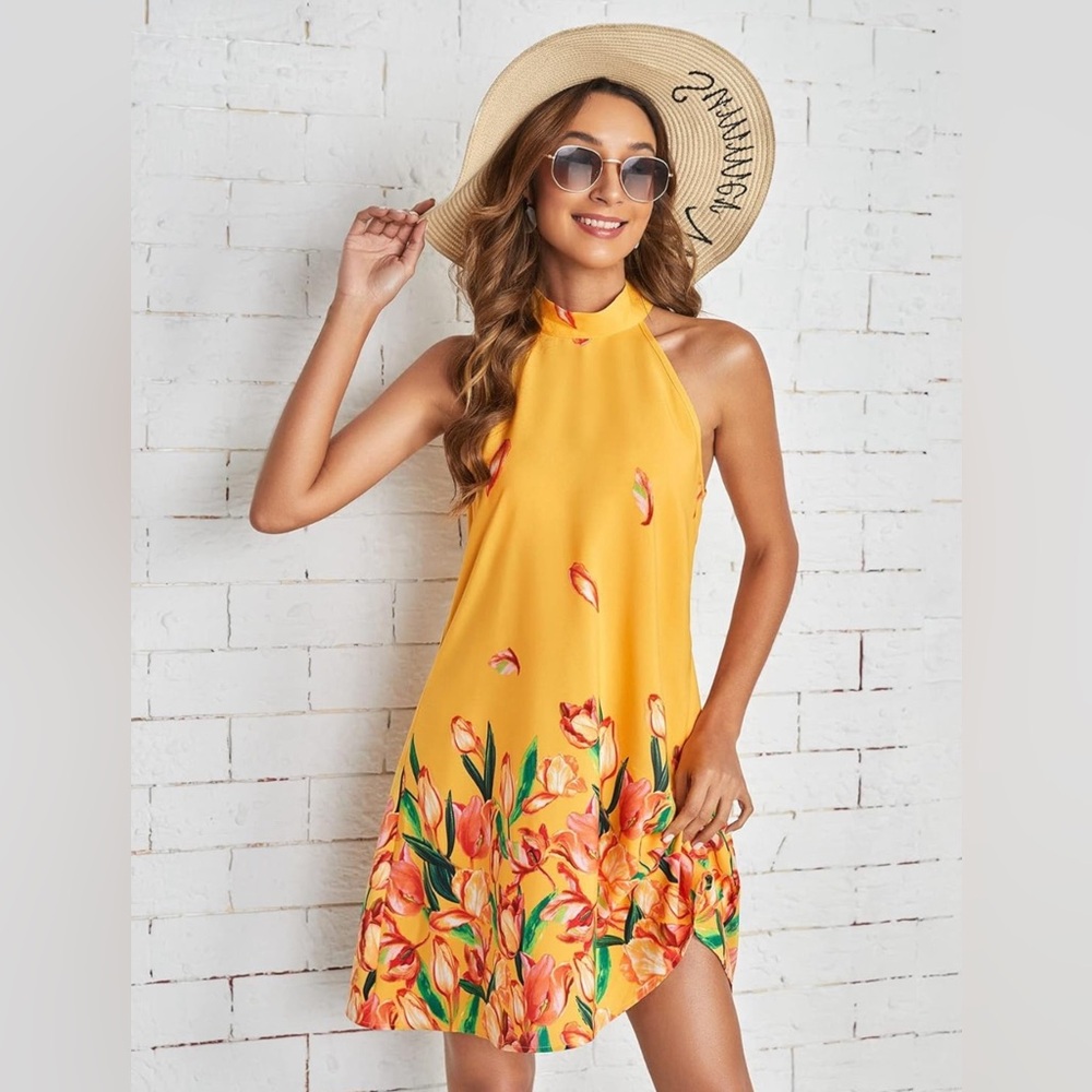 Women's Summer Sleeveless Short Dress Floral Print Tie Back Halter Neck Dress M